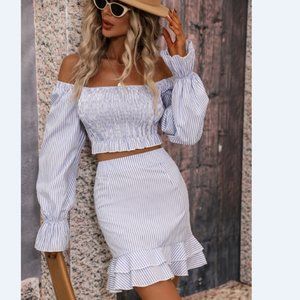 Striped Smocked Square Neck Cropped Top and Mini Skirt Set